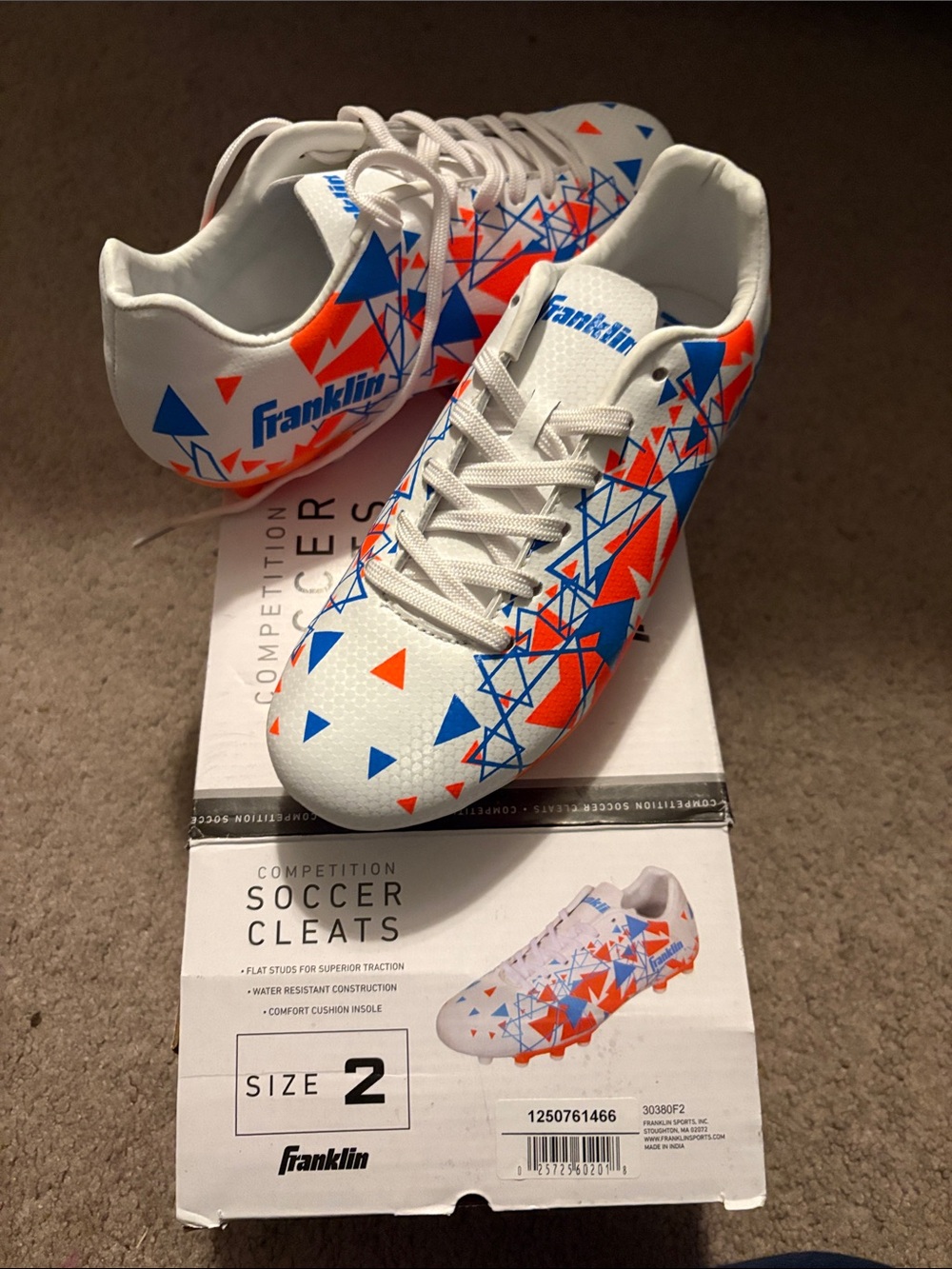 Franklin Kids' White Soccer Cleats with Blue & Orange Geometric Design